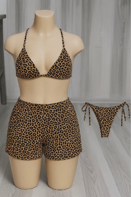 Kadın 3'lü Set Leopar Desenli Şortlu ve Yandan Bağlamalı Bikini Mayo Takımı - görsel 2