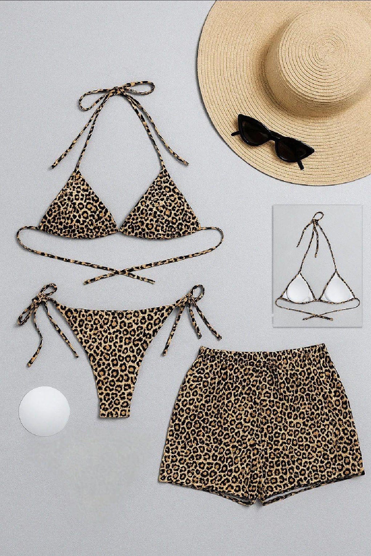 Kadın 3'lü Set Leopar Desenli Şortlu ve Yandan Bağlamalı Bikini Mayo Takımı - görsel 1