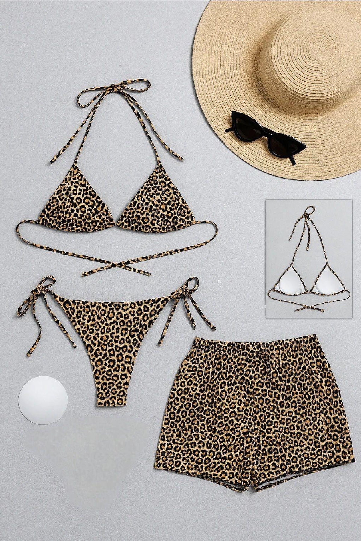 Kadın 3'lü Set Leopar Desenli Şortlu ve Yandan Bağlamalı Bikini Mayo Takımı - görsel 1