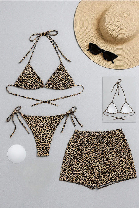 Kadın 3'lü Set Leopar Desenli Şortlu ve Yandan Bağlamalı Bikini Mayo Takımı - görsel 1