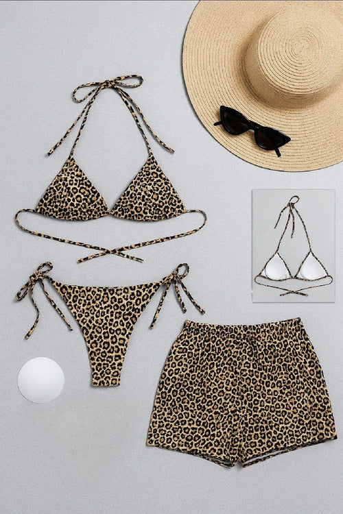 Kadın 3'lü Set Leopar Desenli Şortlu ve Yandan Bağlamalı Bikini Mayo Takımı - görsel 1