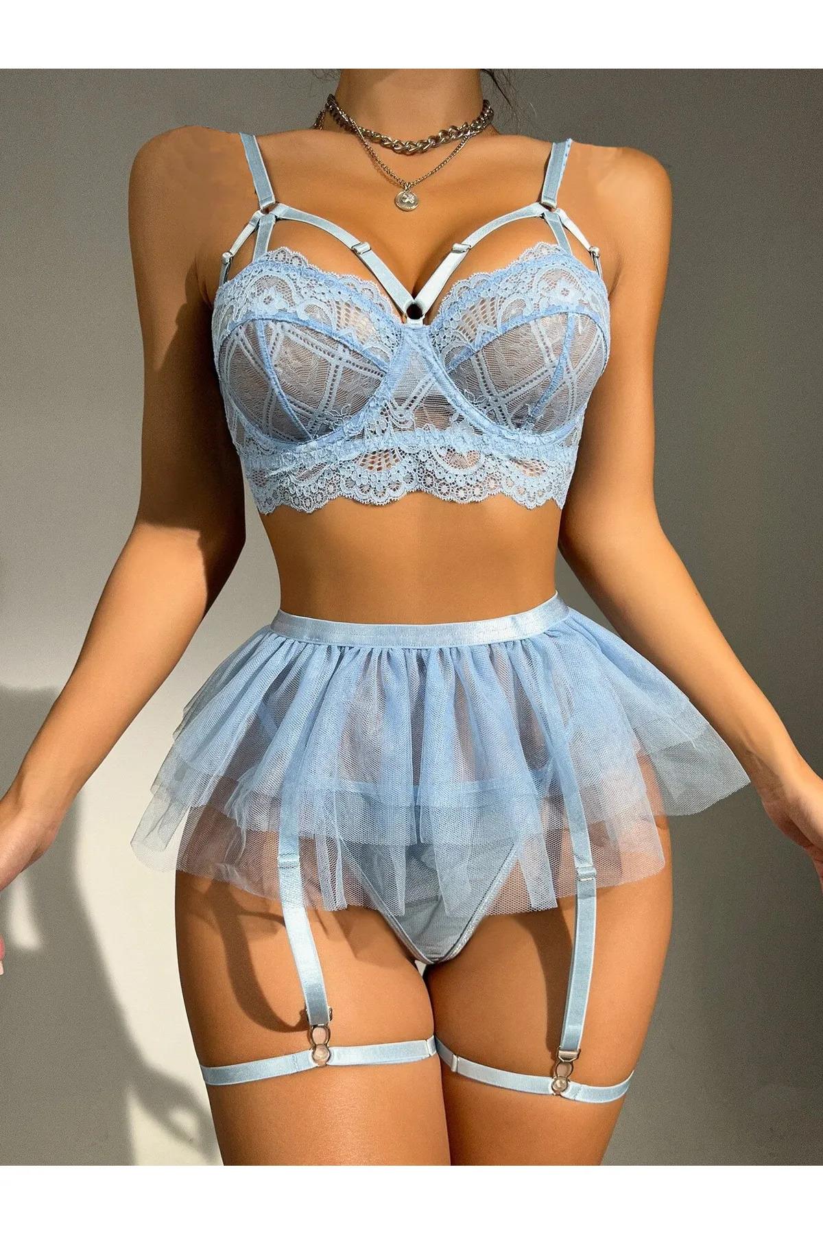 Bebe Mavi Bel Tüllü Kadın Seksi Fantezi Jartiyer Takım 2059 - görsel 3