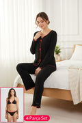 Premium Kadın 4’lü Fitilli Set – Siyah Kırmızı Biyeli (Pijama Üst, Pantolon, Bikini Takımı) - görsel 1