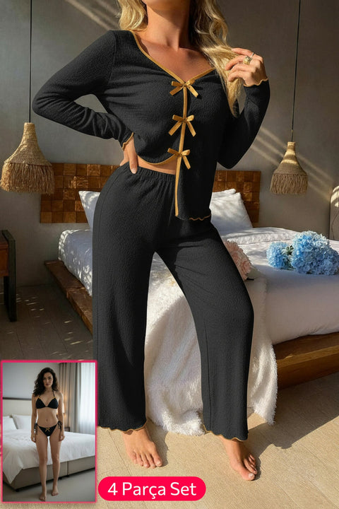 Kadın Siyah Fiyonklu İç Çamaşırı ve Uzun Kollu V Yaka Pijama Takımı 4'lü Set - görsel 1