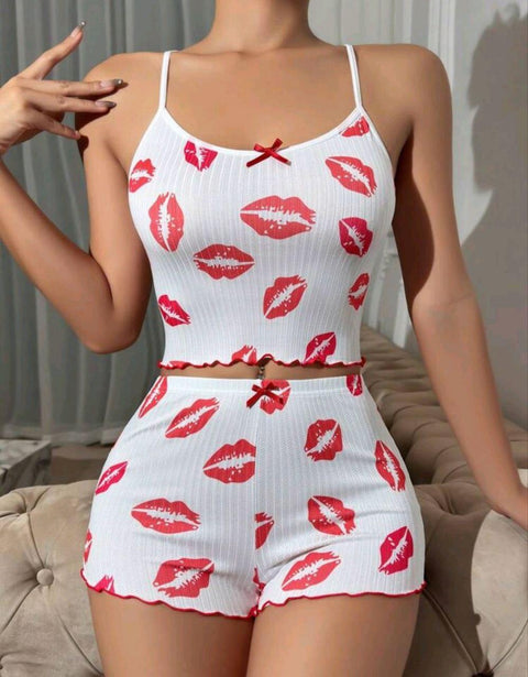 Kadın Beyaz Dudak Desenli Seksi Gecelik Takım 5021 - görsel 2