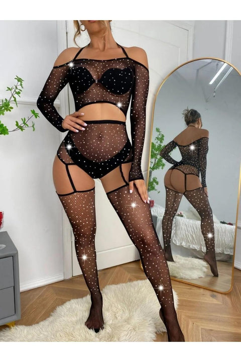 Kadın Göğüs Dekolteli Taşlı Jartiyer BodySuit Siyah Vucut Çorabı 1004 - görsel 5