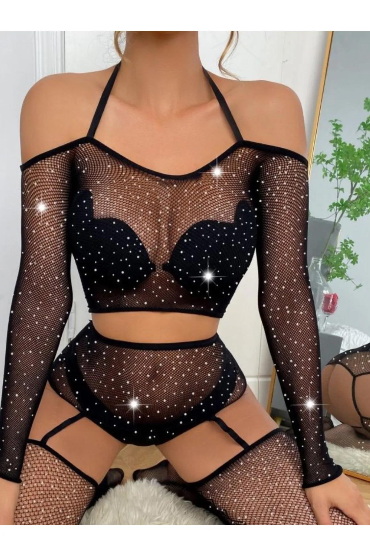 Kadın Göğüs Dekolteli Taşlı Jartiyer BodySuit Siyah Vucut Çorabı 1004 - görsel 3