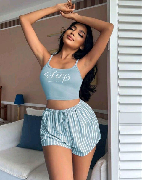 Kadın Mavi Çizgili Desenli Askılı Şortlu Pijama Takım 5001 - görsel 1