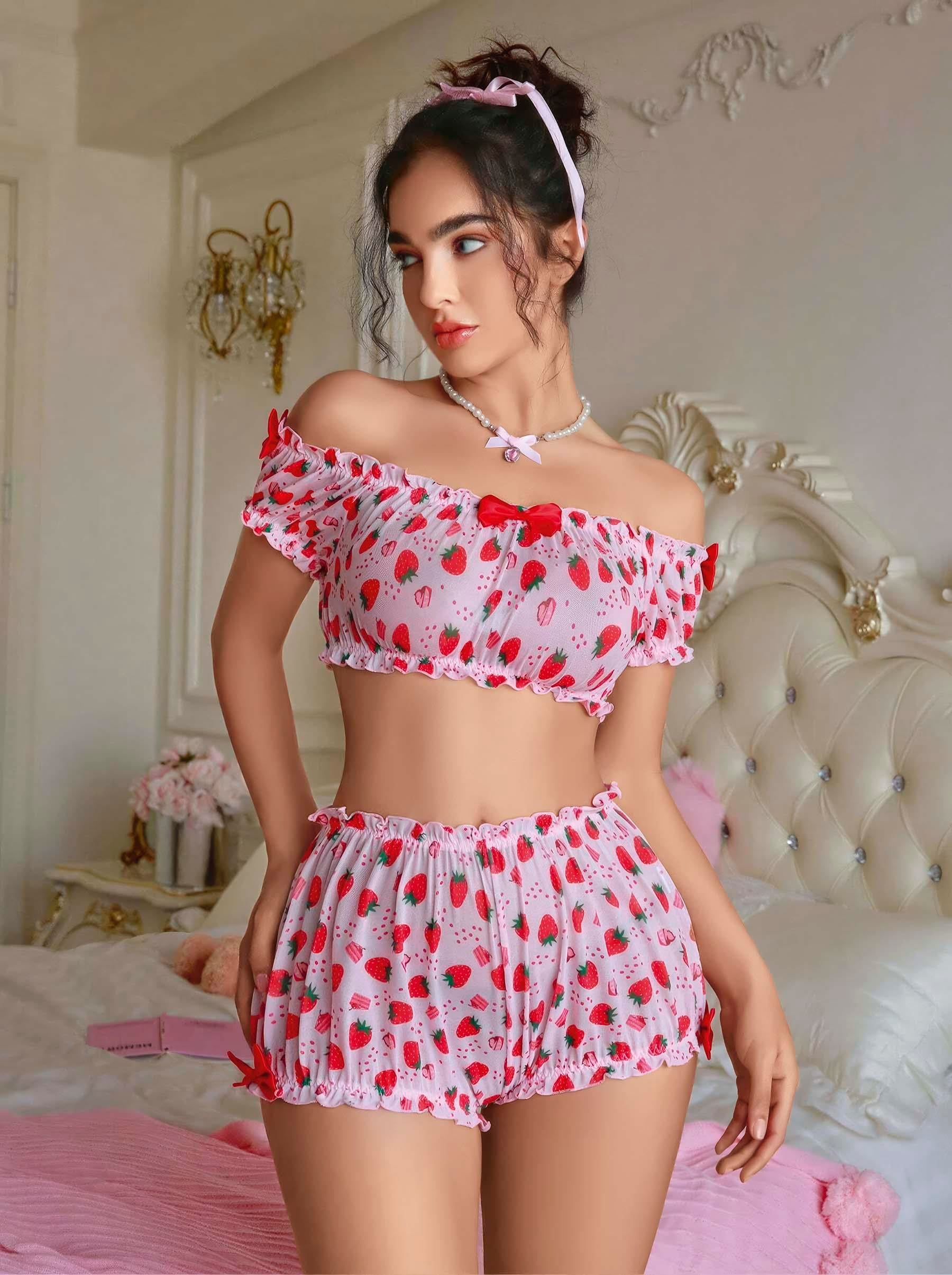Kadın Pembe Çilek Desenli Fantezi Şort takım 2156 - görsel 1