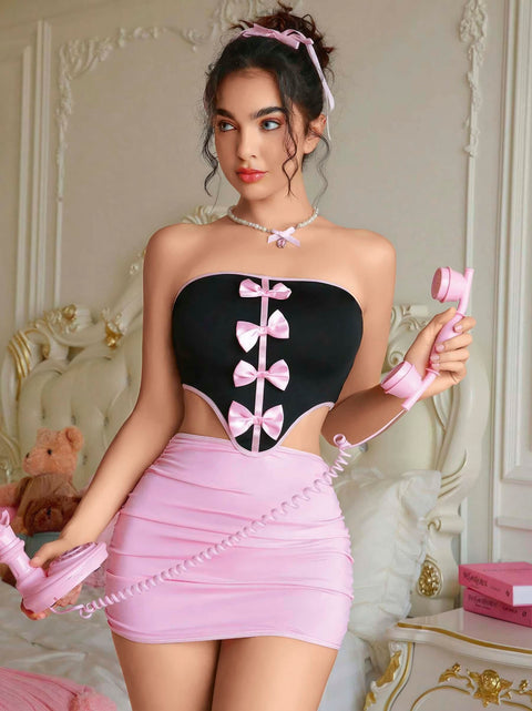 Kadın Pembe Etekli Fiyonk Detaylı Fantezi Elbise 2154 - görsel 1