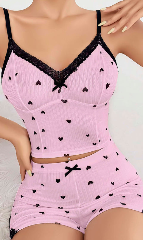 Kadın Pembe Kalp Desenli Askılı Şortlu Pijama Takım 5013 - görsel 2