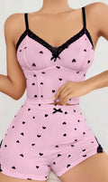 Kadın Pembe Kalp Desenli Askılı Şortlu Pijama Takım 5013 - görsel 1