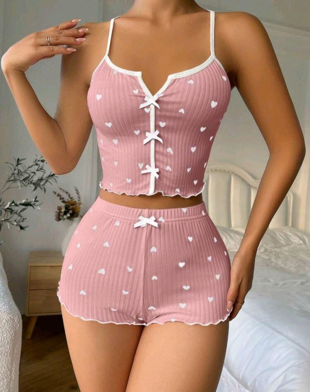 Kadın Pembe Kalpli Askılı Şortlu Pijama Takım 5009 - görsel 2