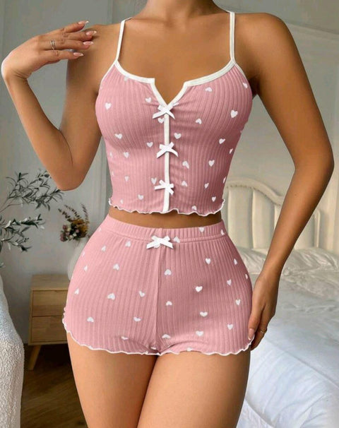 Kadın Pembe Kalpli Askılı Şortlu Pijama Takım 5009 - görsel 2