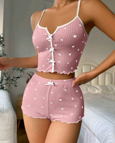 Kadın Pembe Kalpli Askılı Şortlu Pijama Takım 5009 - görsel 4
