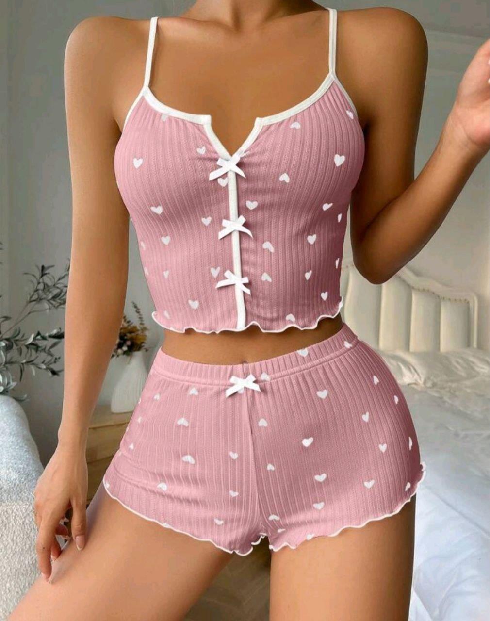 Kadın Pembe Kalpli Askılı Şortlu Pijama Takım 5009 - görsel 3