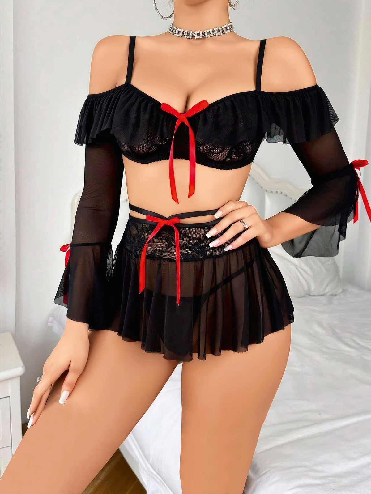 Kadın Siyah Etek Bustiyer Sexy Gecelik Takım 2157 - görsel 1