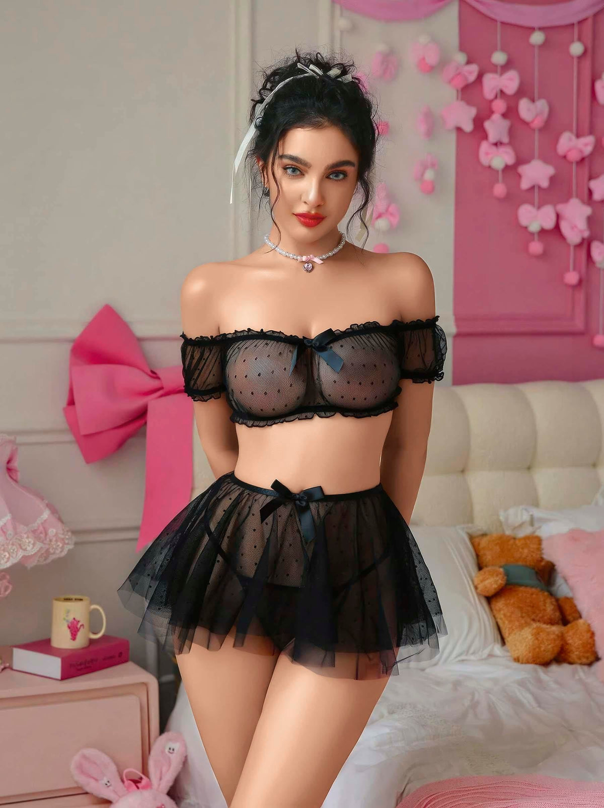 Kadın Siyah Etekli Puantiye Detaylı Sexy Kostüm 2158 - görsel 3