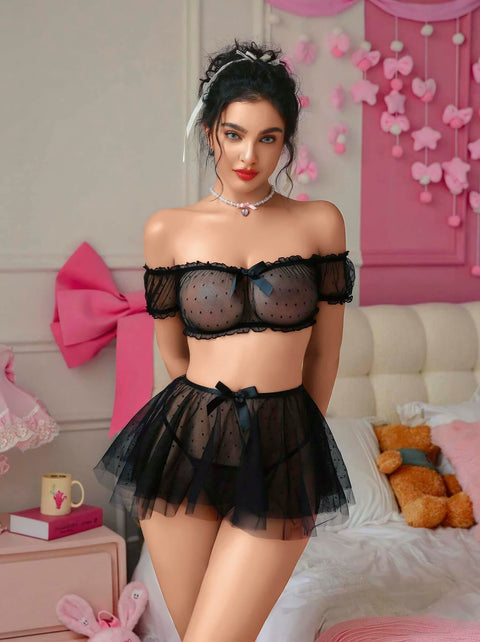 Kadın Siyah Etekli Puantiye Detaylı Sexy Kostüm 2158 - görsel 3