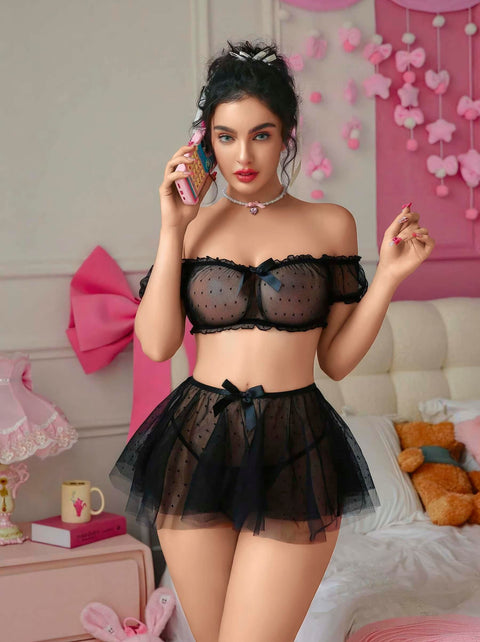 Kadın Siyah Etekli Puantiye Detaylı Sexy Kostüm 2158 - görsel 1