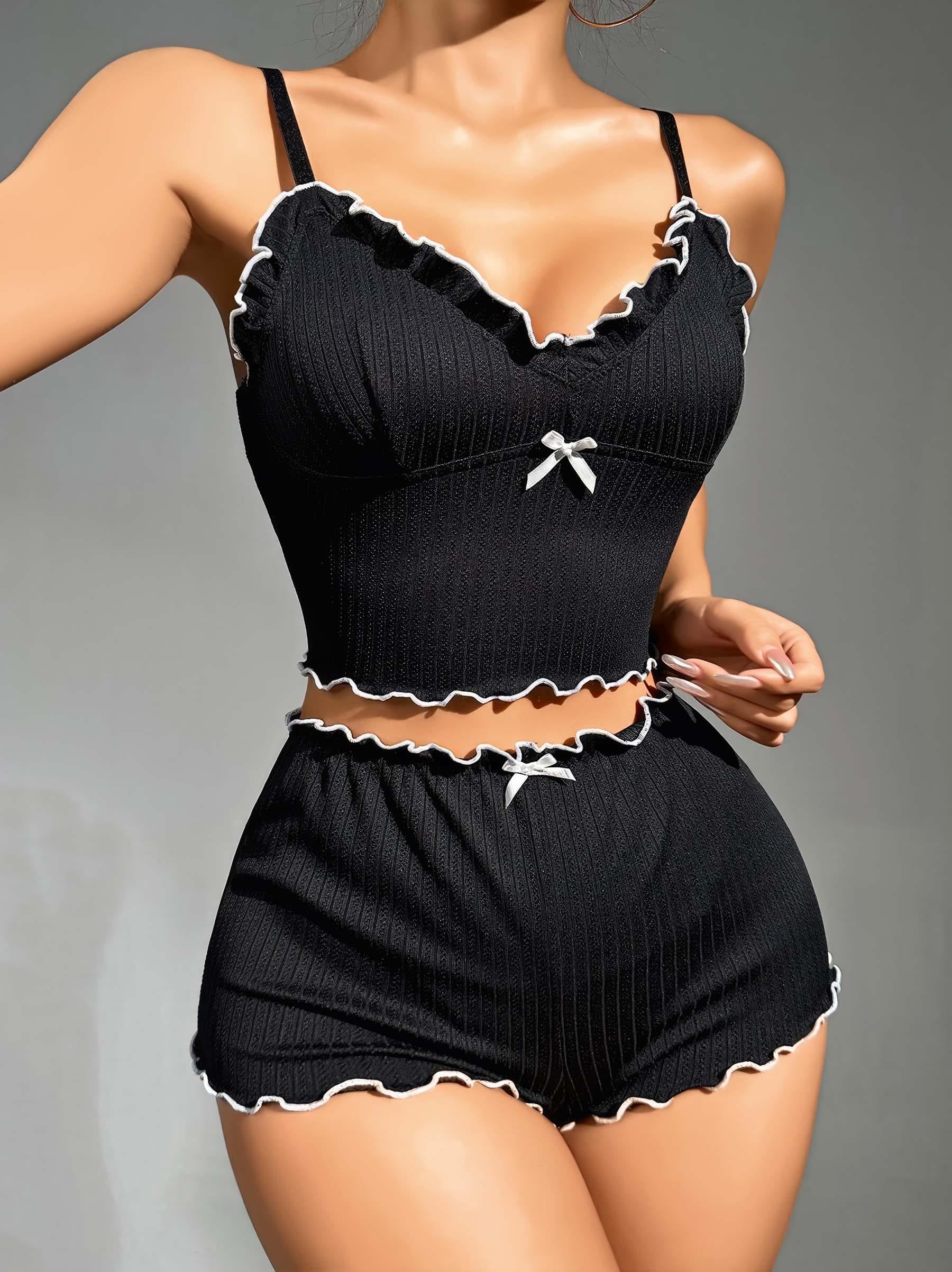 Kadın Siyah Fitilli Askılı Şortlu Pijama Takım 5042 - görsel 2
