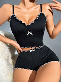 Kadın Siyah Fitilli Askılı Şortlu Pijama Takım 5042 - görsel 1