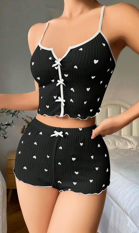 Kadın Siyah Kalp Desenli Askılı Şortlu Pijama Takım 5008 - görsel 1