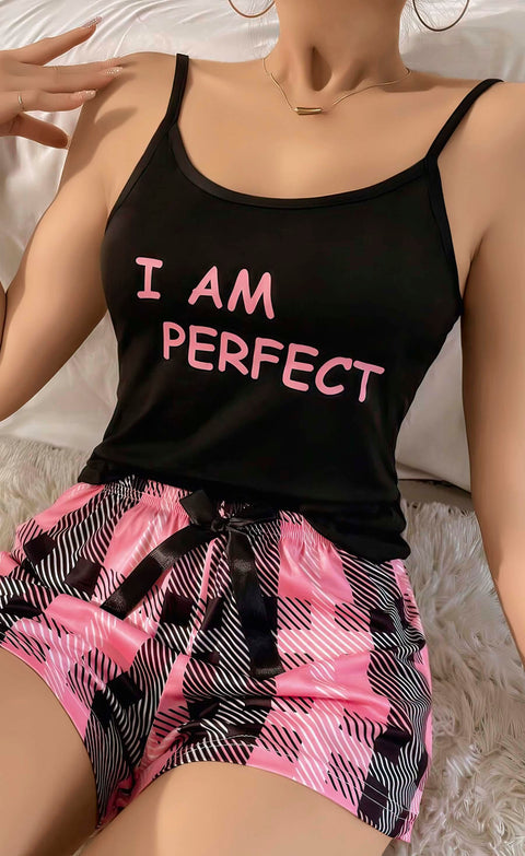 Kadın Siyah Kare Desenli Askılı Şortlu Pijama Takım 5012 - görsel 2