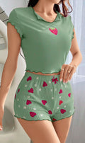 Kadın Yeşil Çilek Desenli Askılı Şortlu Pijama Takım 5004 - görsel 1
