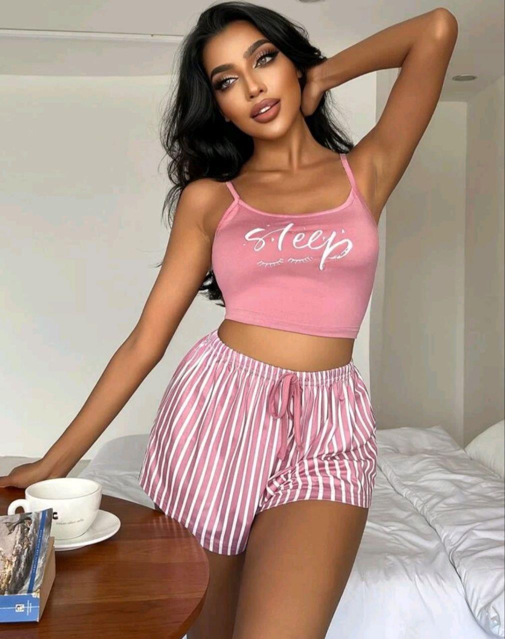 Kadın pembe çizgili desen Askılı Şortlu Pijama Takım 5002 - görsel 5