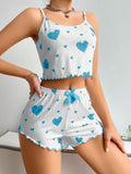 Kadın Beyaz Mavi Kalp Desenli Askılı Şortlu Pijama Takım 5043 - görsel 1