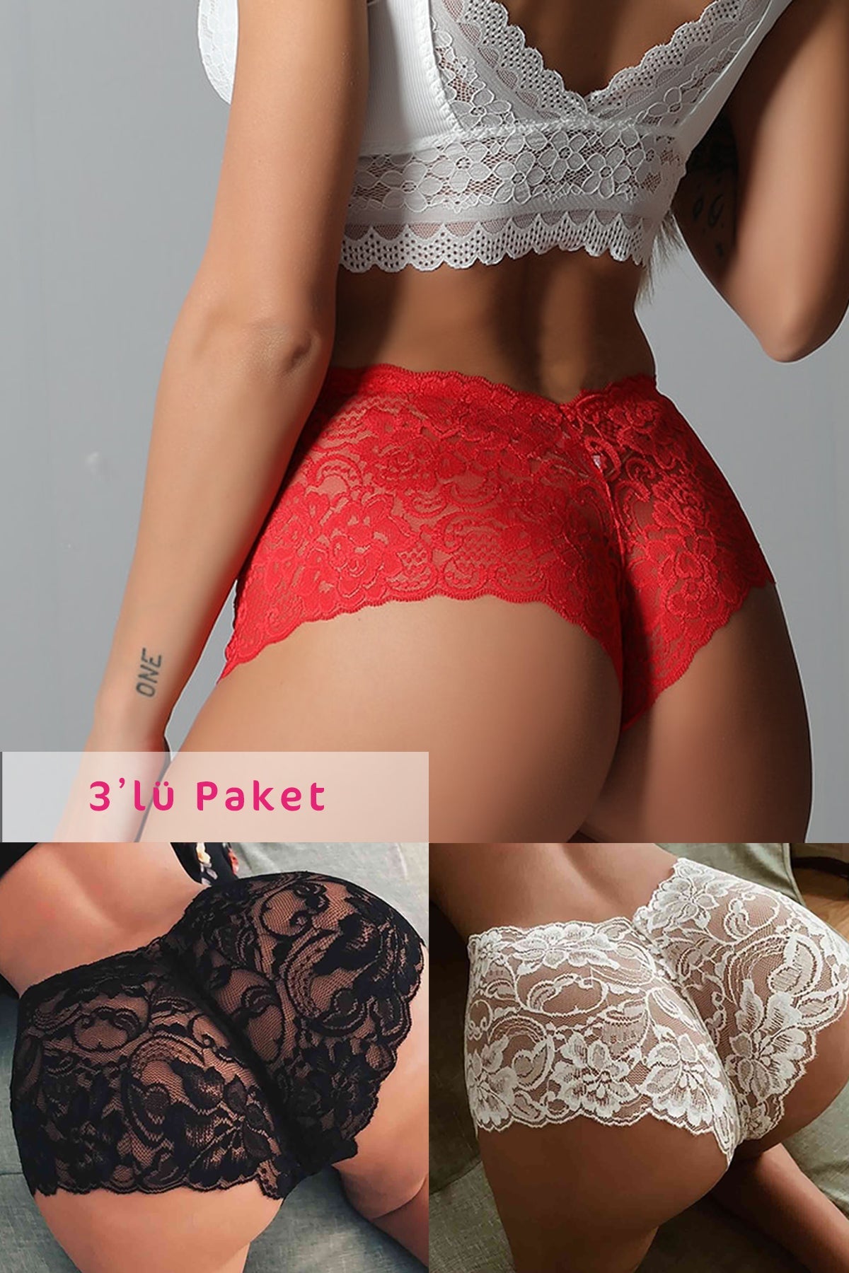 Kadın Siyah Beyaz Kırmızı 3'lü Paket Dantel Tanga Şort Külot - görsel 1