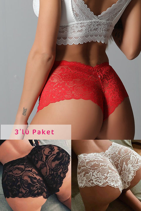 Kadın Siyah Beyaz Kırmızı 3'lü Paket Dantel Tanga Şort Külot - görsel 1