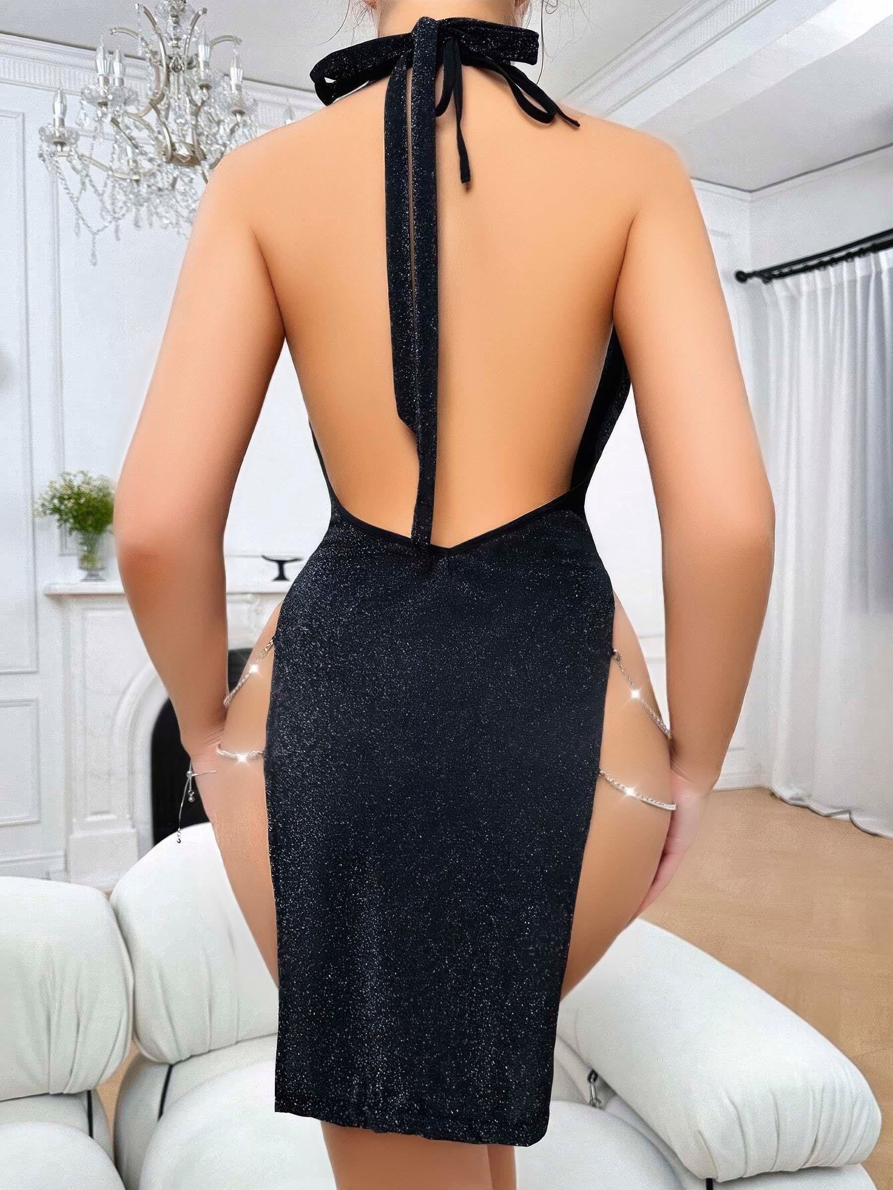 Siyah Seksi Elbise Zincirli 5045 - görsel 2