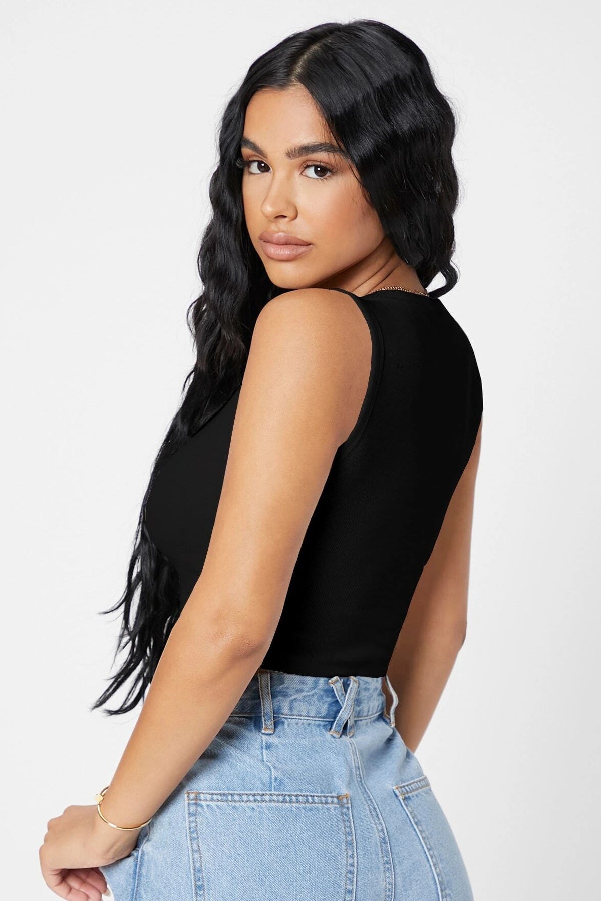 Kadın Siyah Kare Yaka Crop Top Bluz - görsel 2
