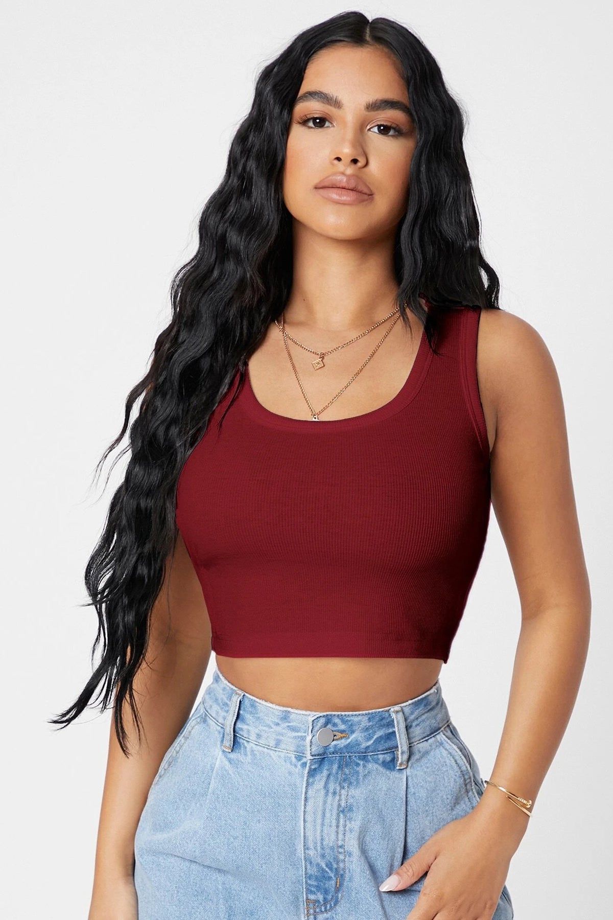 Kadın Bordo Kare Yaka Crop Top Bluz - görsel 1