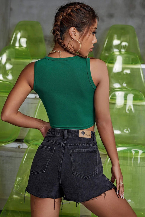 Kadın Yeşil Kare Yaka Crop Top Bluz - görsel 2