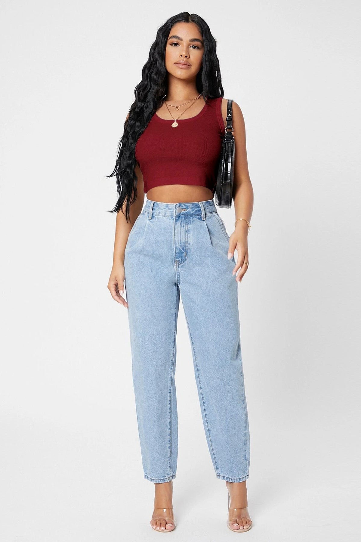 Kadın Bordo Kare Yaka Crop Top Bluz - görsel 3