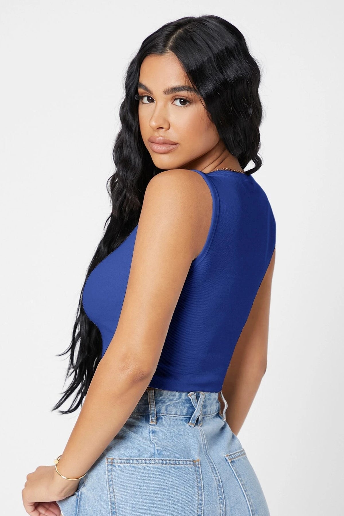 Kadın Lacivert Kare Yaka Crop Top Bluz - görsel 2