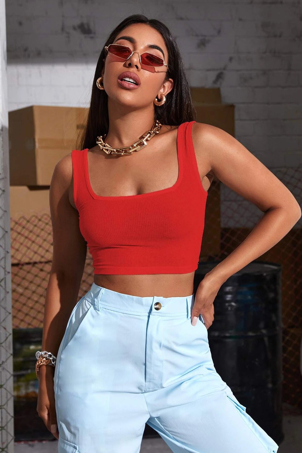 Kadın Kırmızı Kalın Askılı Crop Top Büstiyer - görsel 4