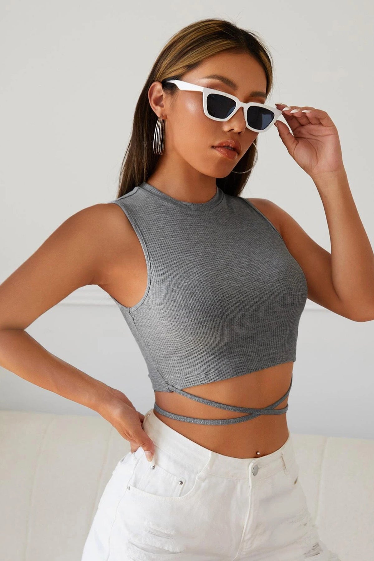 Kadın Gri Çapraz Bağlamalı Crop Top Büstiyer - görsel 6