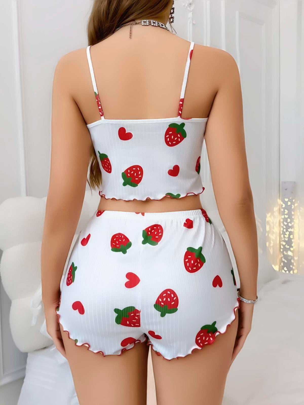 Kadın Beyaz Çilek desenli Şortlu Pijama Takımı 5053 - görsel 2