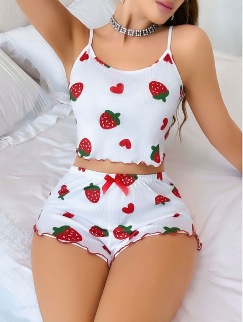 Kadın Beyaz Çilek desenli Şortlu Pijama Takımı 5053 - görsel 3