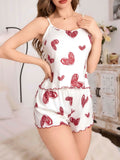 Kadın Beyaz Kalp desenli Şortlu Gecelik Pijama Takımı 5052 - görsel 1