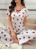 Kadın Beyaz Kiraz Desenli Kısa Kollu Yumuşak Pijama Takımı 5128 - görsel 1