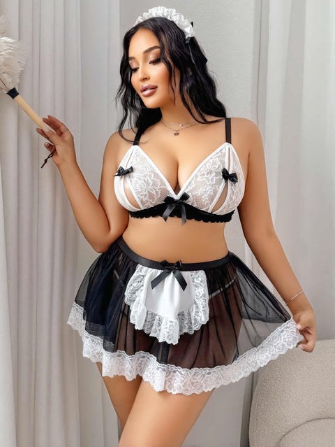 Kadın Büyük Beden Seksi Hizmetçi Kostüm Fantezi Transparan Tül Fantezi Erotik 8006 - görsel 1