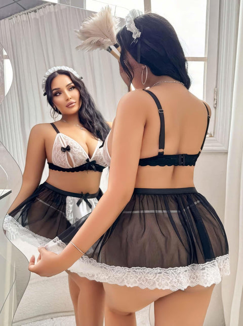 Kadın Büyük Beden Seksi Hizmetçi Kostüm Fantezi Transparan Tül Fantezi Erotik 8006 - görsel 3