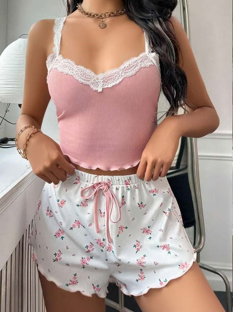 Kadın Çiçek Desenli Dantel Askılı Şortlu Pijama Takımı 5200 - görsel 2