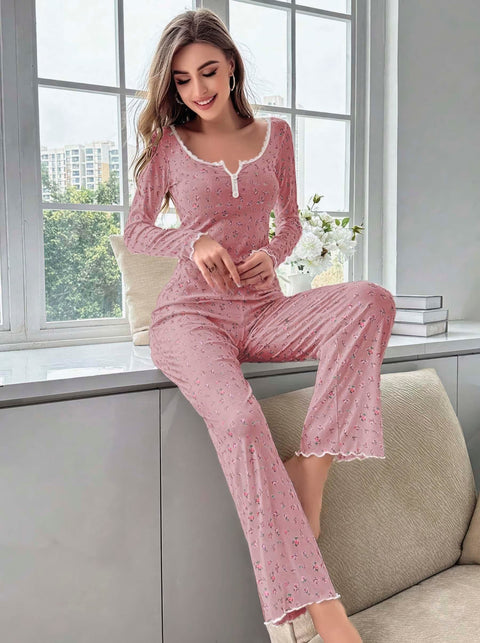 Kadın Çiçek Desenli Yumuşak Pamuklu Uzun Pijama Takımı 5132 - görsel 3