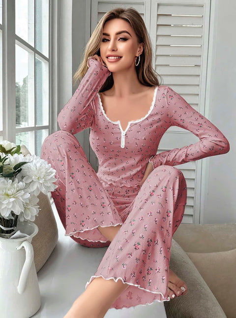 Kadın Çiçek Desenli Yumuşak Pamuklu Uzun Pijama Takımı 5132 - görsel 1